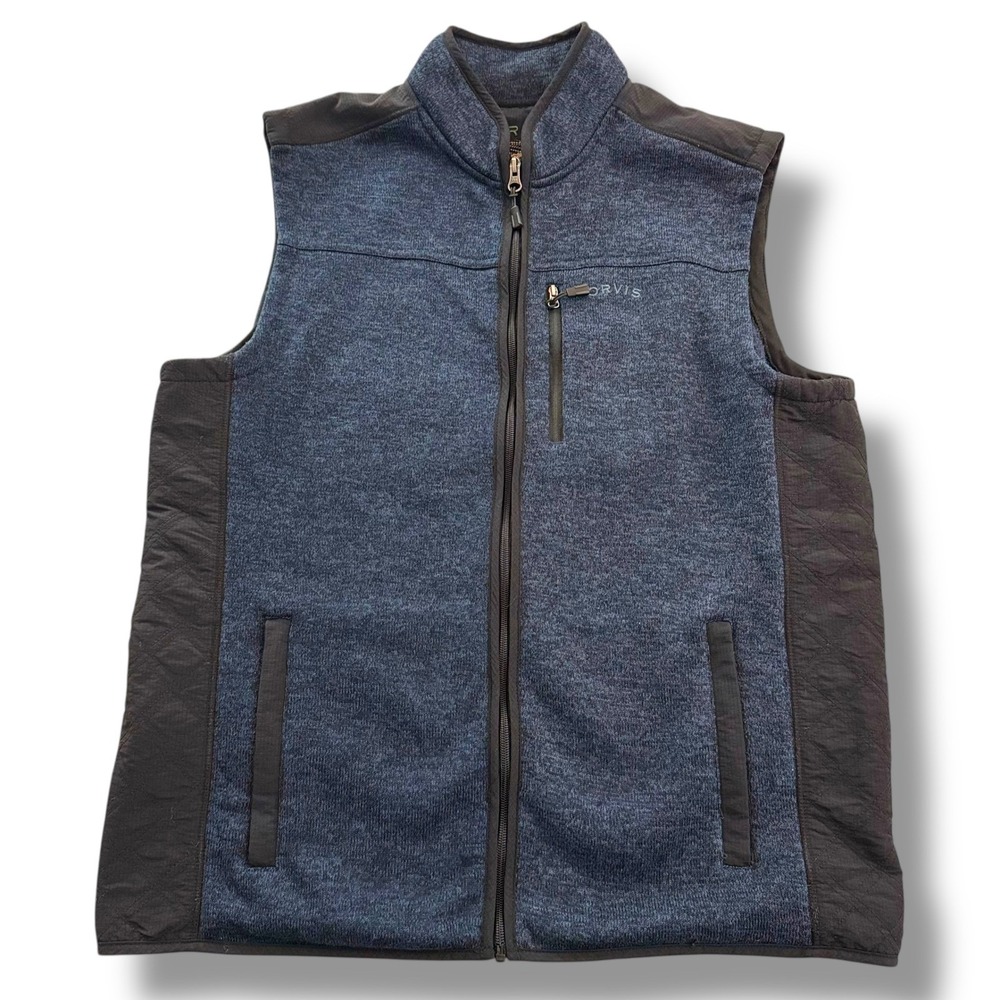 Orvis Vest Mens XL Blue Heather Sweater Fleece Full Zip Mock Neck Nylon Trim